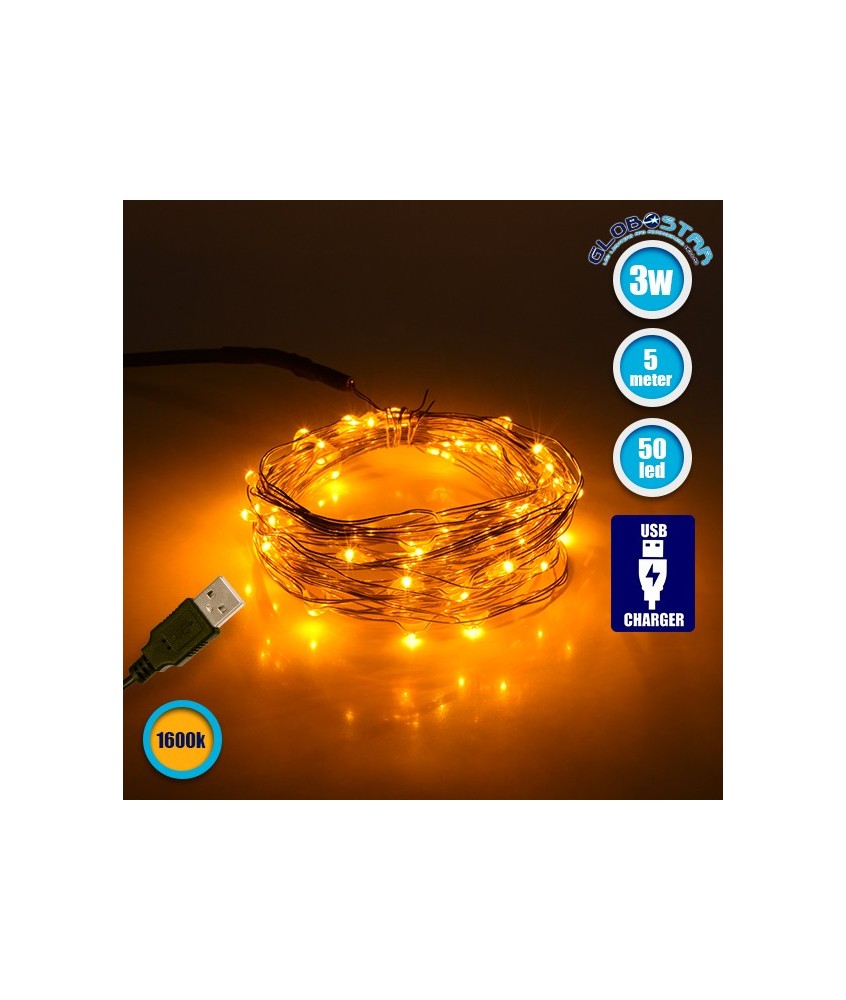 GloboStar®  79711 Διακοσμητική Γιρλάντα 5 Μέτρων 50 LED USB 5 Volt 3 Watt με Χάλκινο Συρμάτινο Καλώδιο Θερμό Λευκό 1600K